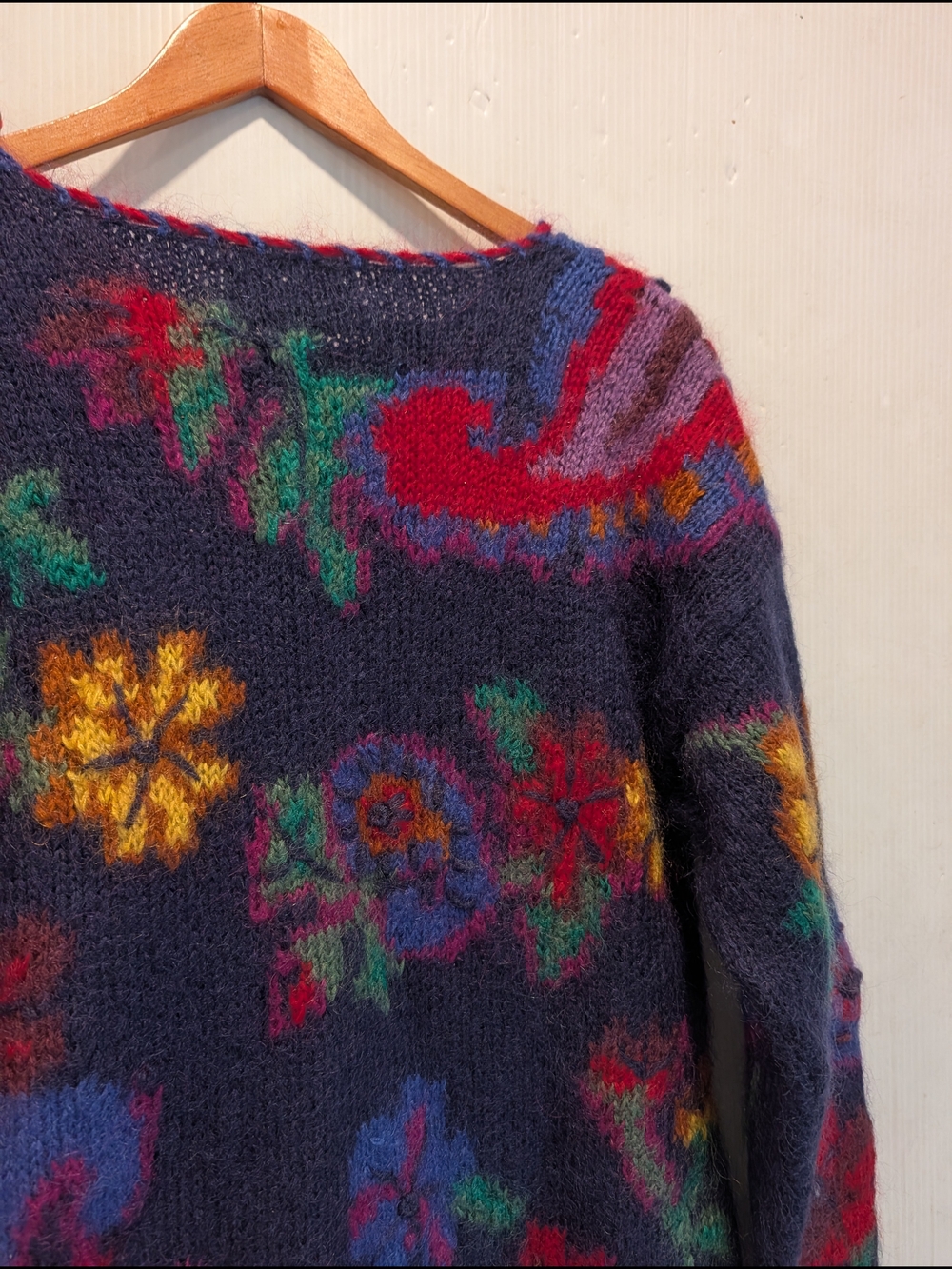 ROSANNA Hand Knitted Bohemian Navy Floral Paisley Mohair Crewneck Sweater Medium - Picture 11 of 11